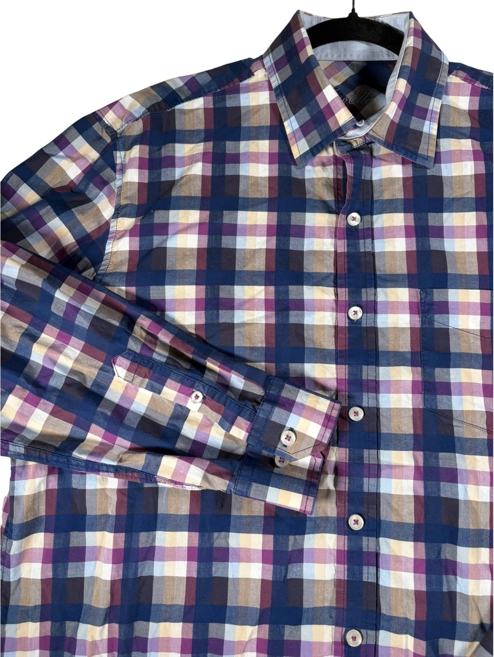 Tasso Elba Plaid Navy Purple Cotton Men's Long Sleeve Button-Up Shirt 16.5 34/35